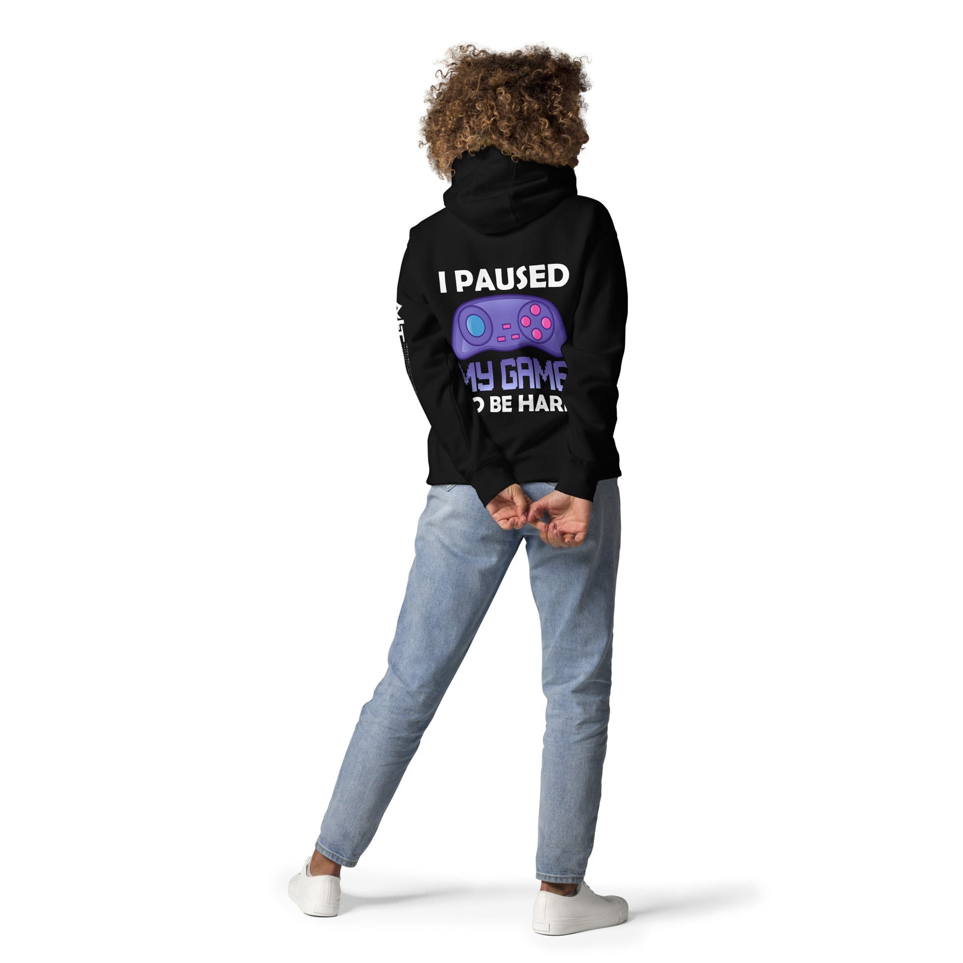 I Paused my Game to Be here (purple text ) - Unisex Hoodie ( Back Print ) by DarkByteGear