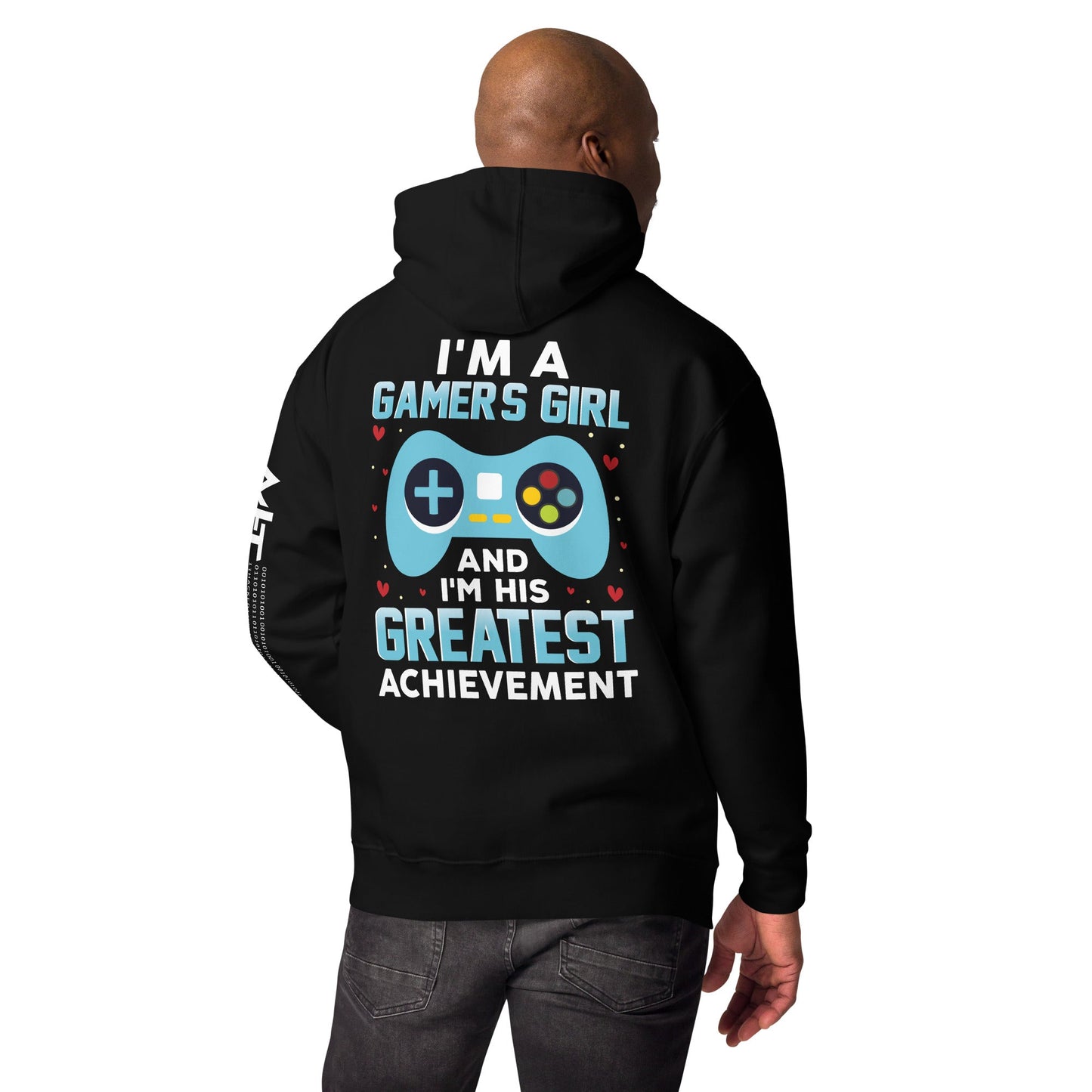 I am a Gamer's Girl, I am his Greatest Achievement (turquoise text ) - Unisex Hoodie ( Back Print ) by DarkByteGear