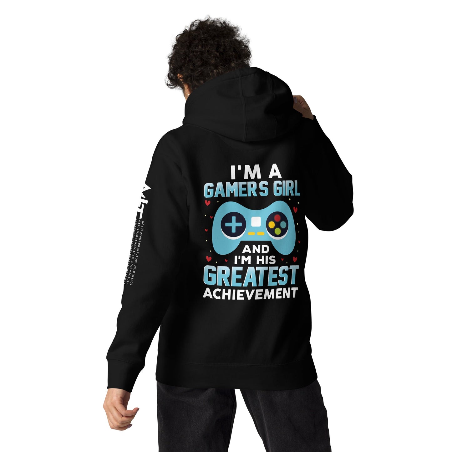 I am a Gamer's Girl, I am his Greatest Achievement (turquoise text ) - Unisex Hoodie ( Back Print ) by DarkByteGear