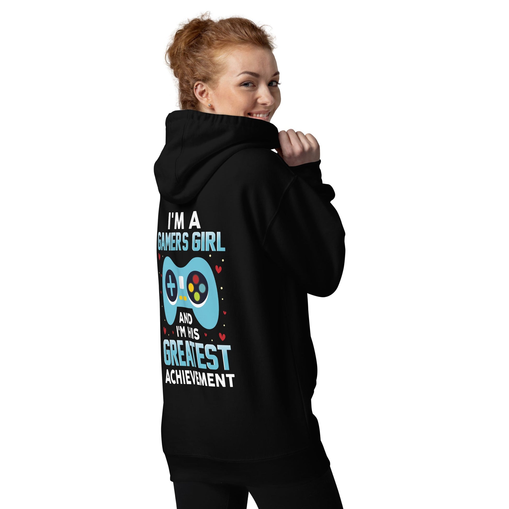 I am a Gamer's Girl, I am his Greatest Achievement (turquoise text ) - Unisex Hoodie ( Back Print ) by DarkByteGear