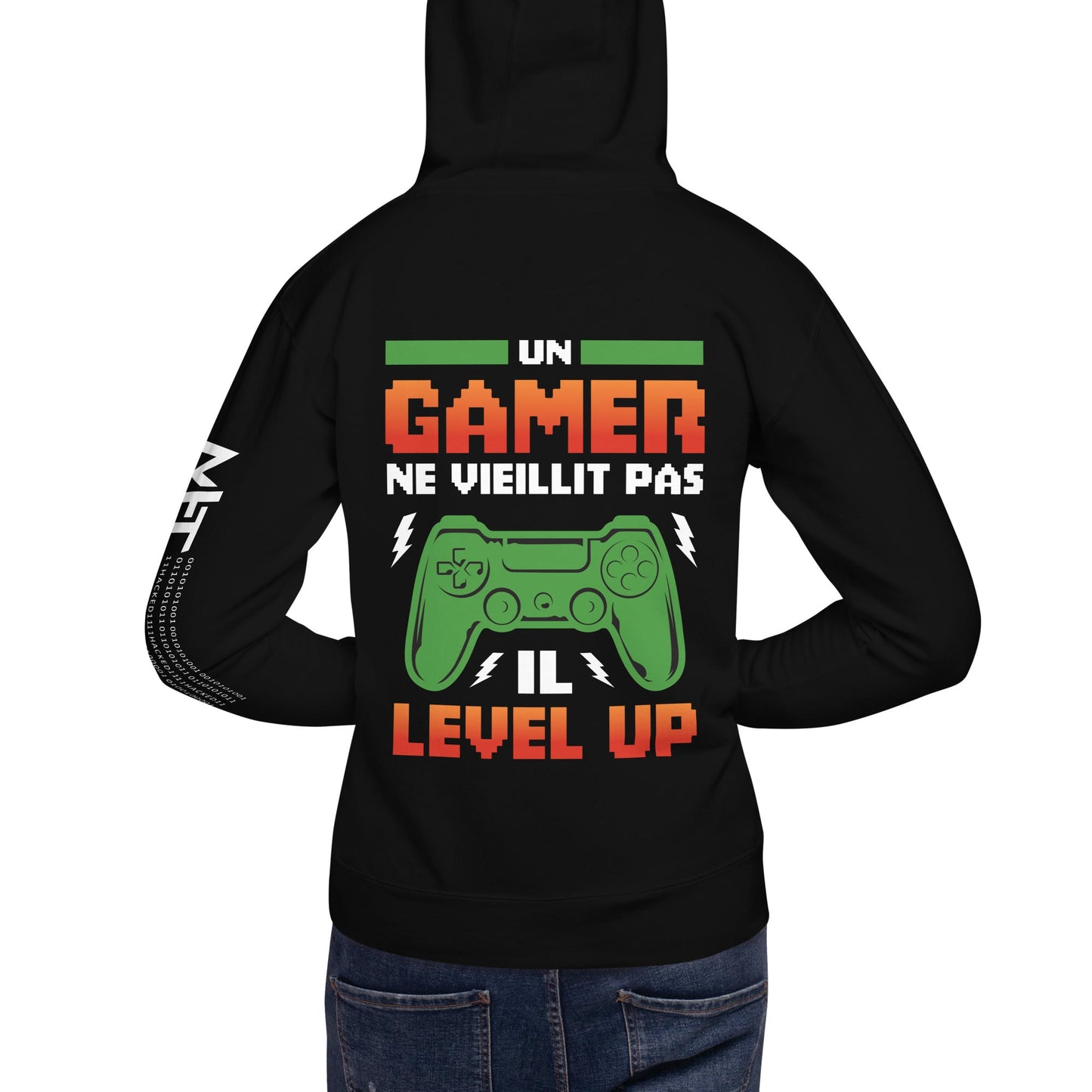 Un GAMER NE VIEILLIT PAS IL Level Up - Unisex Hoodie ( Back Print ) by DarkByteGear