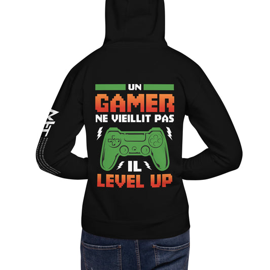 Un GAMER NE VIEILLIT PAS IL Level Up - Unisex Hoodie ( Back Print ) by DarkByteGear