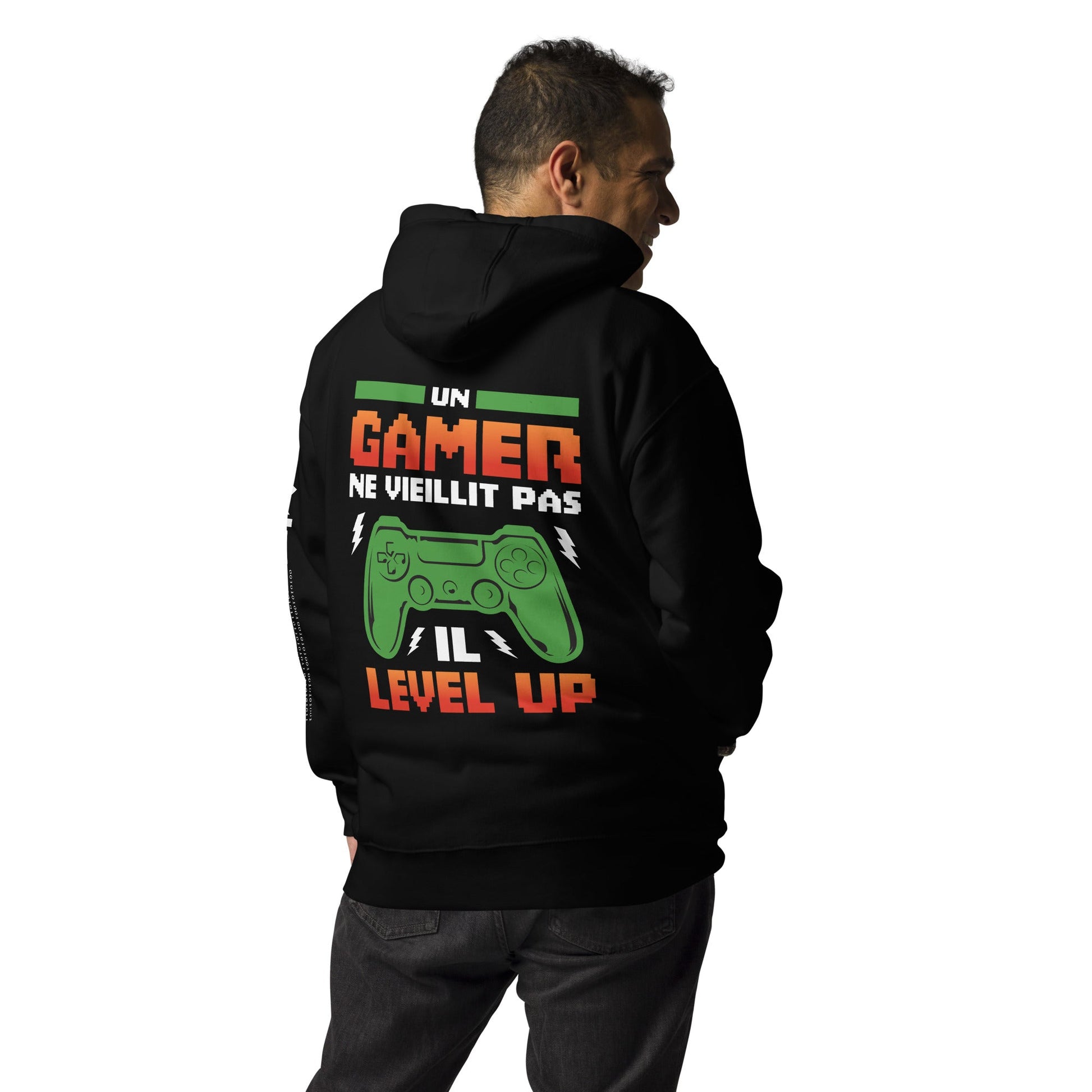 Un GAMER NE VIEILLIT PAS IL Level Up - Unisex Hoodie ( Back Print ) by DarkByteGear