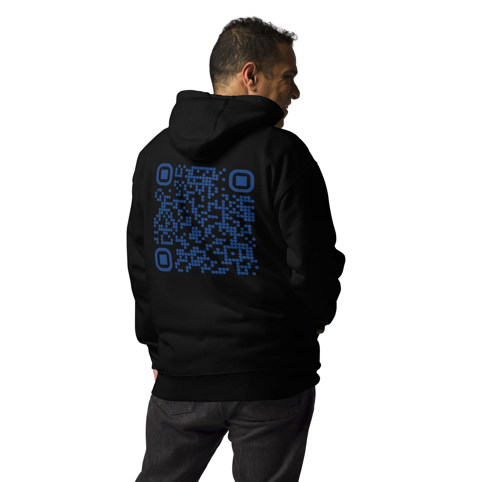 Who's the New Kid, Hacker, Developer, Gamer, Crypto King (No Logo, Blue Cyber) - Unisex Hoodie Personalized QR Code by DarkByteGear