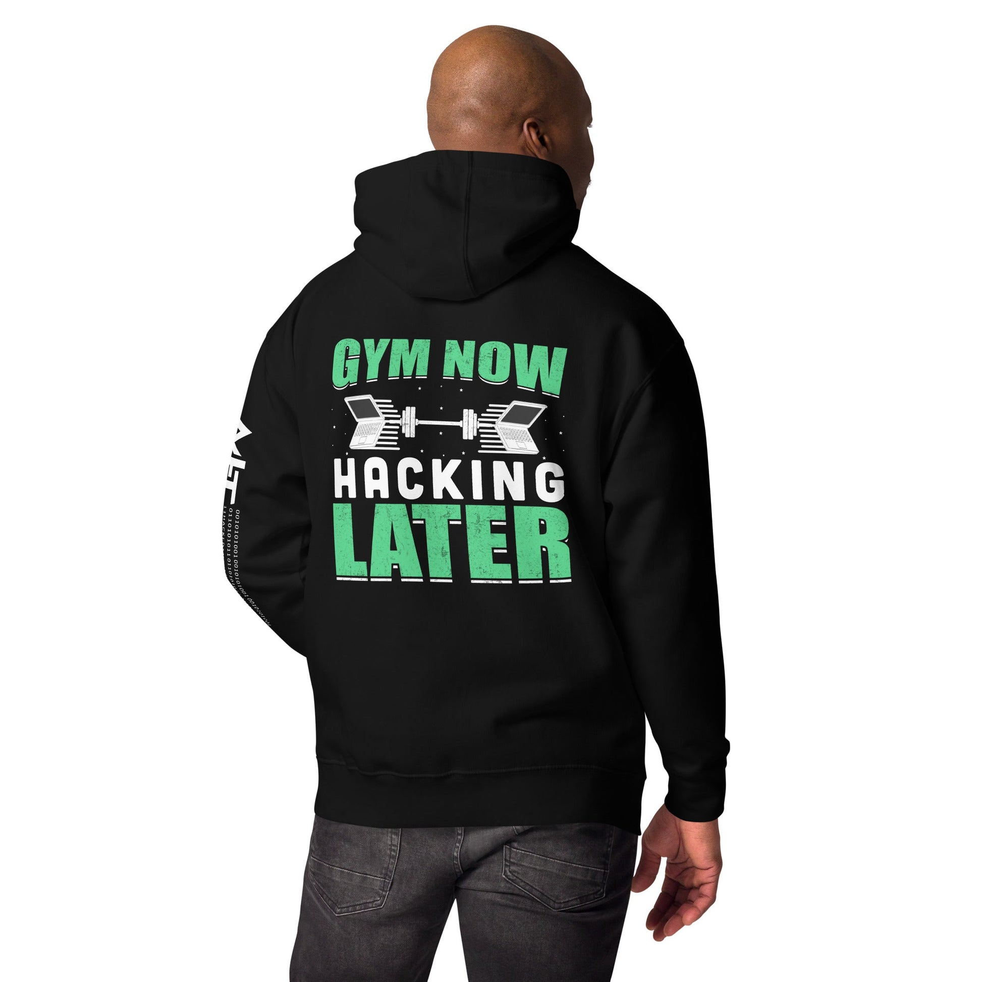 Gym now, hacking later - Unisex Hoodie (back print) by DarkByteGear