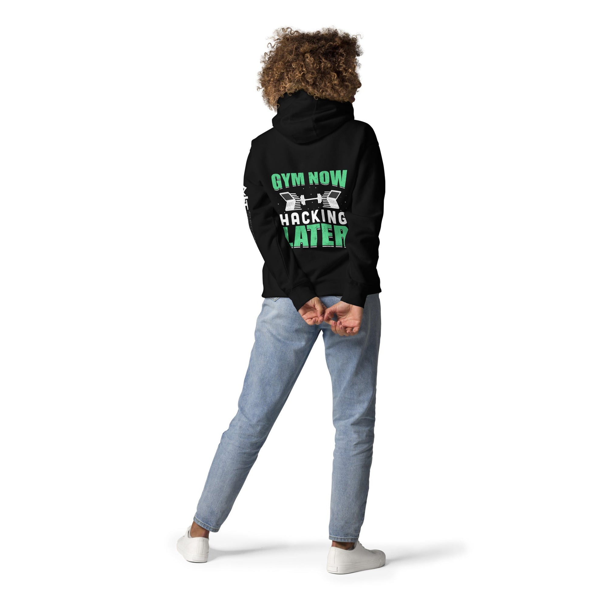 Gym now, hacking later - Unisex Hoodie (back print) by DarkByteGear