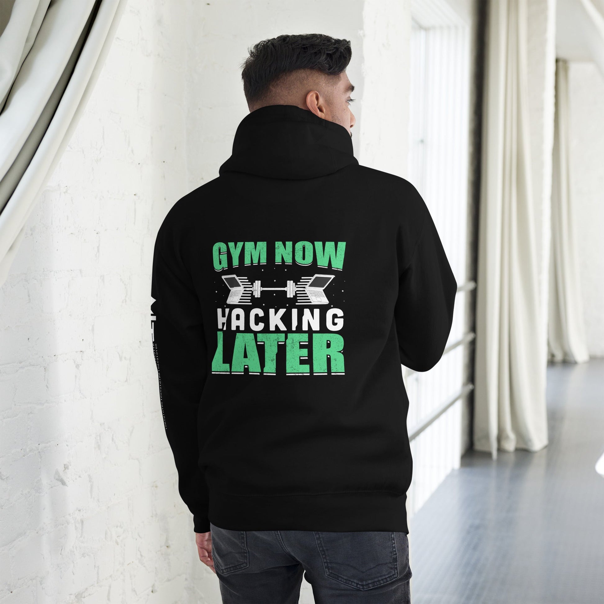 Gym now, hacking later - Unisex Hoodie (back print) by DarkByteGear
