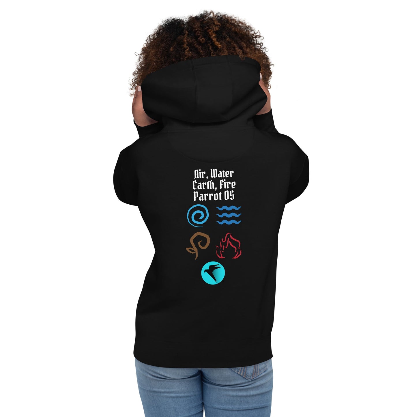 Air, Water, Earth, Fire, Parrot OS - Unisex Hoodie (back print) by DarkByteGear