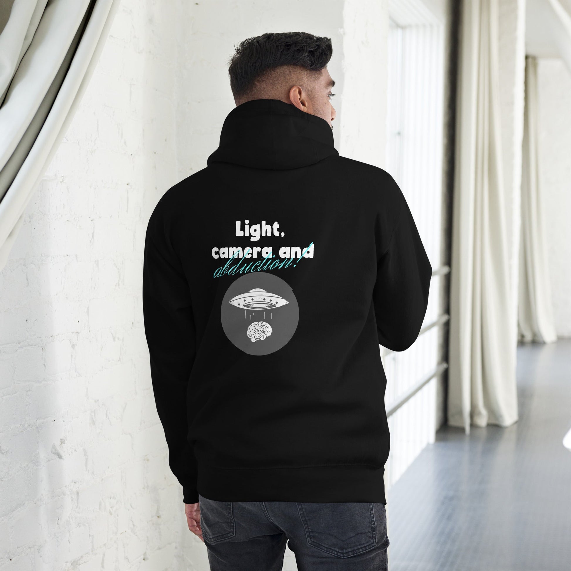 Light, Camera and Abduction - Unisex Hoodie (back print) by DarkByteGear