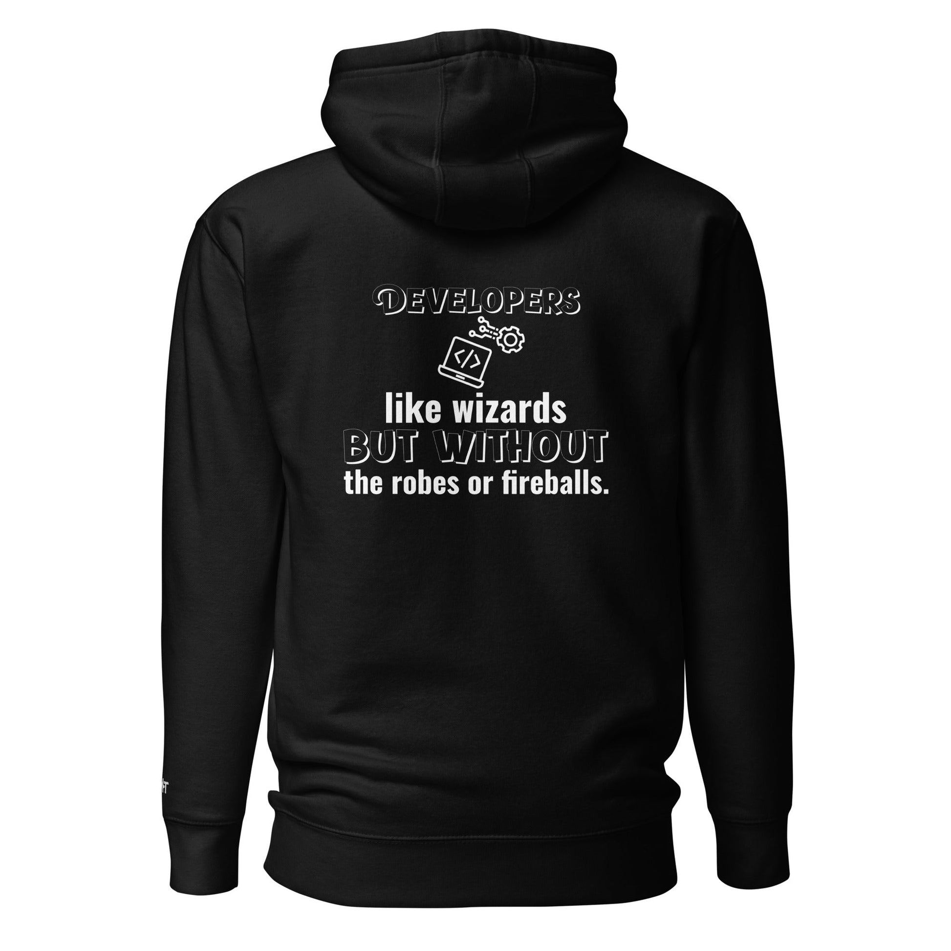 Developers: like wizards, but - Unisex Hoodie (back print) by DarkByteGear