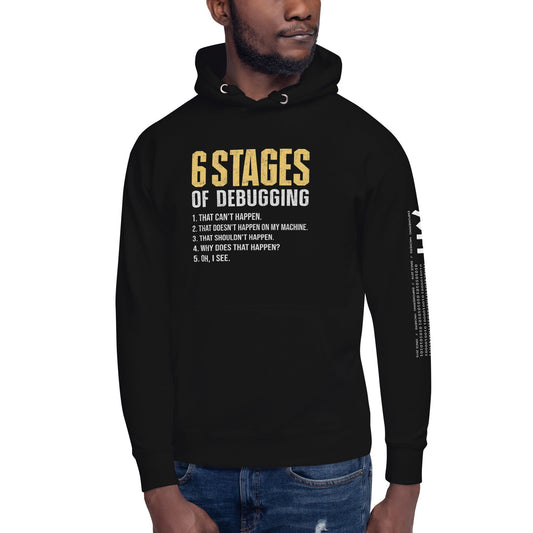 6 Stages of Debugging Yellow V Unisex Hoodie by DarkByteGear