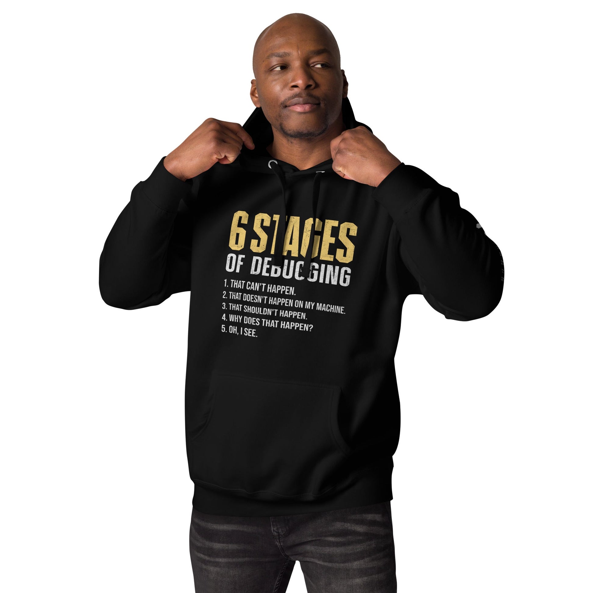 6 Stages of Debugging Yellow V Unisex Hoodie by DarkByteGear