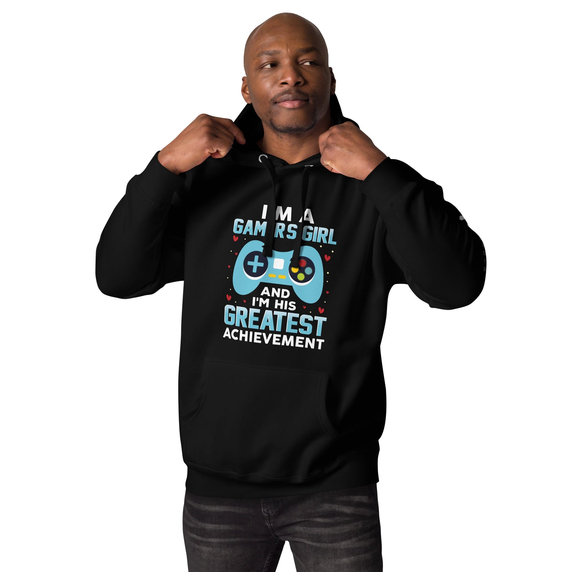 I am a Gamer's Girl, I am his Greatest Achievement (turquoise text ) - Unisex Hoodie by DarkByteGear