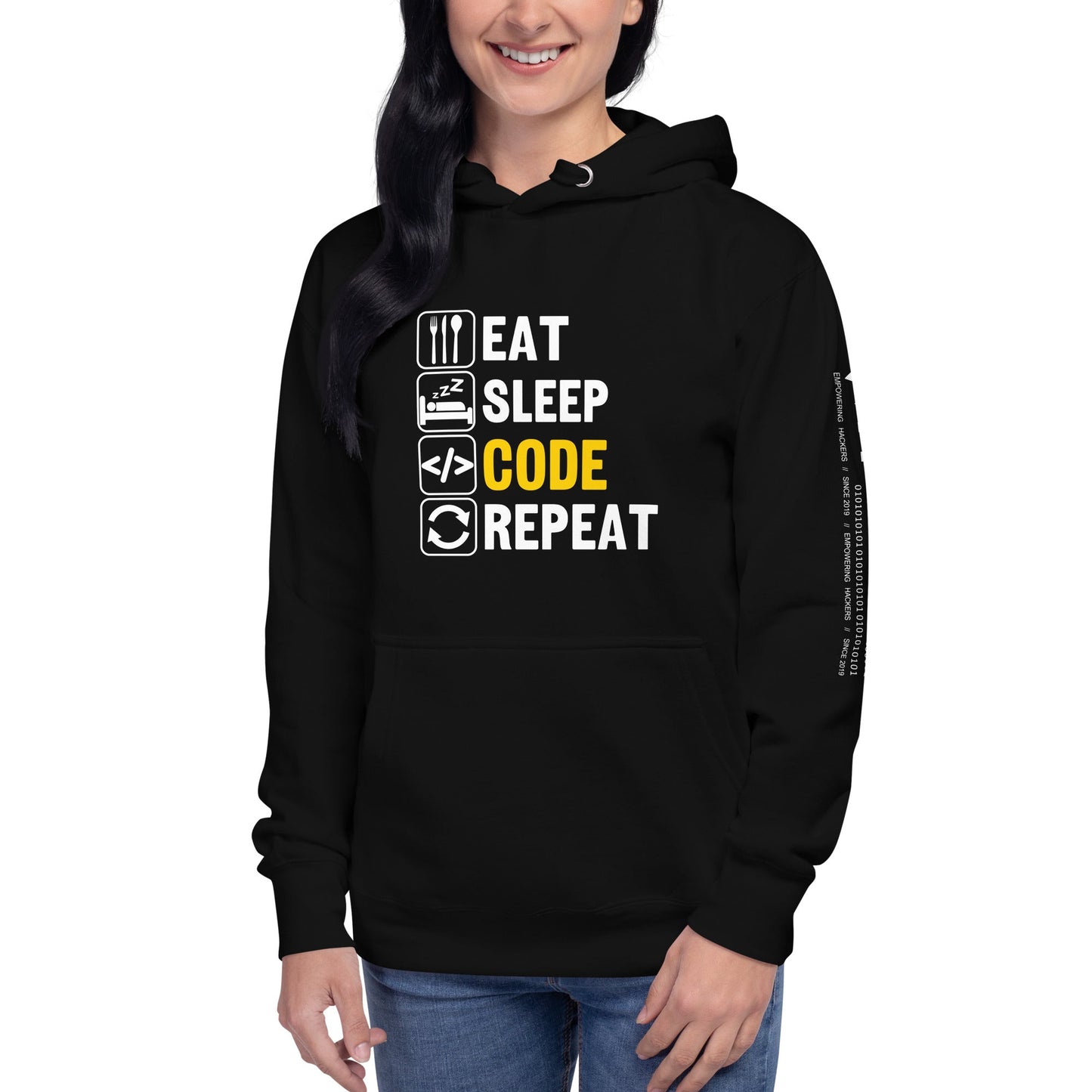 Eat Sleep Code Repeat ( Yellow Text ) - Unisex Hoodie by DarkByteGear