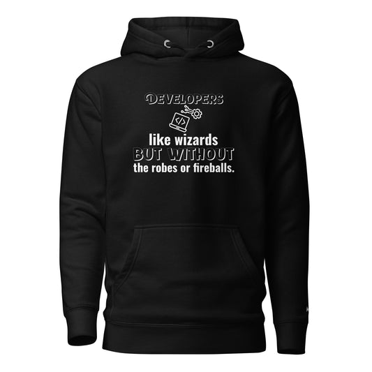 Developers: like wizards, but - Unisex Hoodie (back print) by DarkByteGear