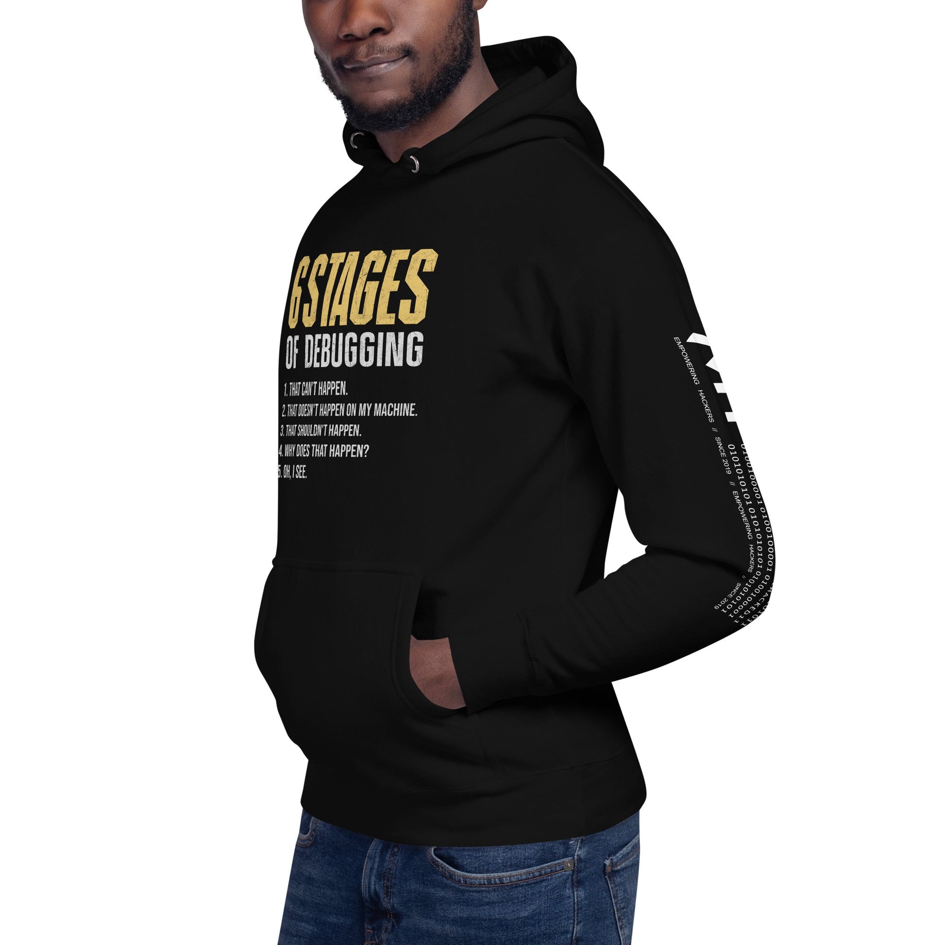 6 Stages of Debugging Yellow V Unisex Hoodie by DarkByteGear