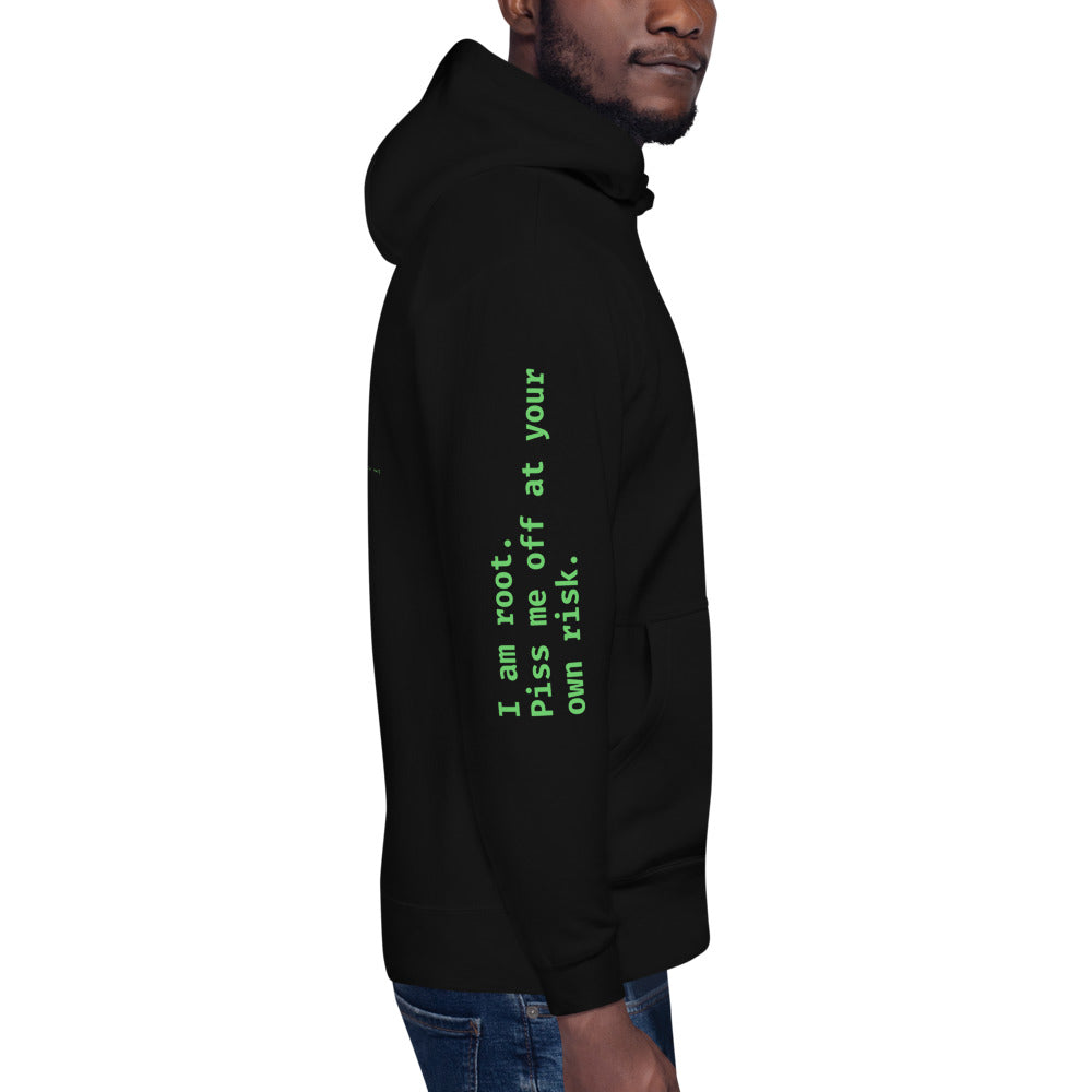 I am root. Piss me off at your own risk - Unisex Hoodie (back print) by DarkByteGear