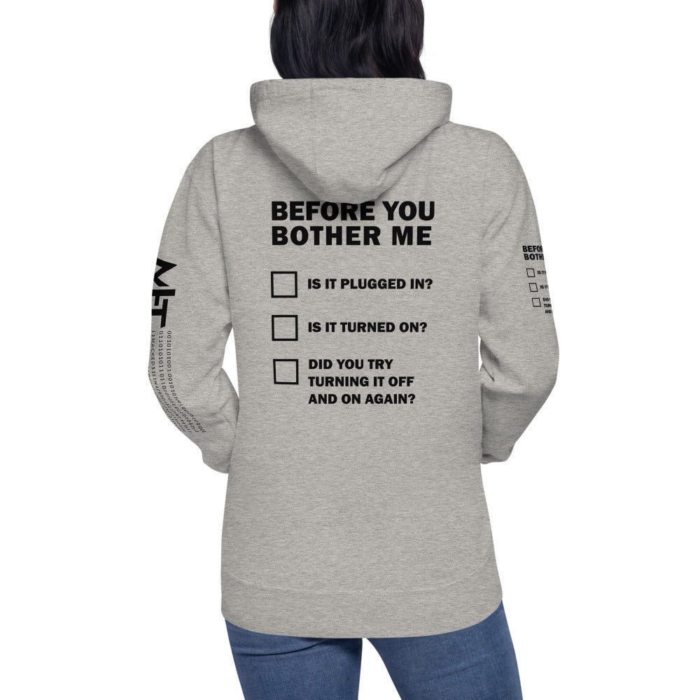 Before you bother me - Unisex Hoodie (back print) by DarkByteGear