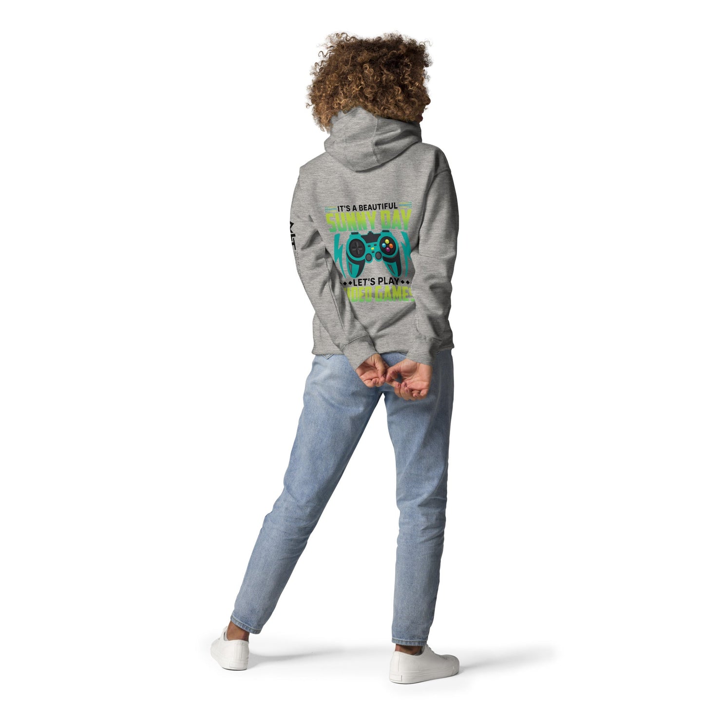 It is a Beautiful Sunny Day; Let's Play Video Games in Dark Text - Unisex Hoodie ( Back Print ) by DarkByteGear