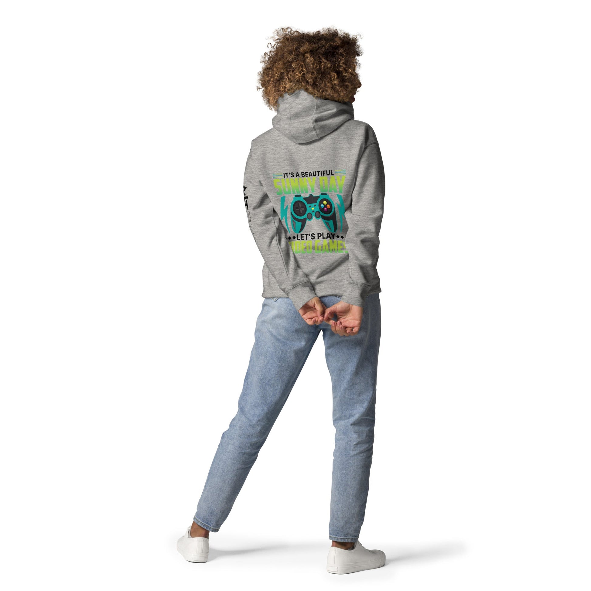 It is a Beautiful Sunny Day; Let's Play Video Games in Dark Text - Unisex Hoodie ( Back Print ) by DarkByteGear