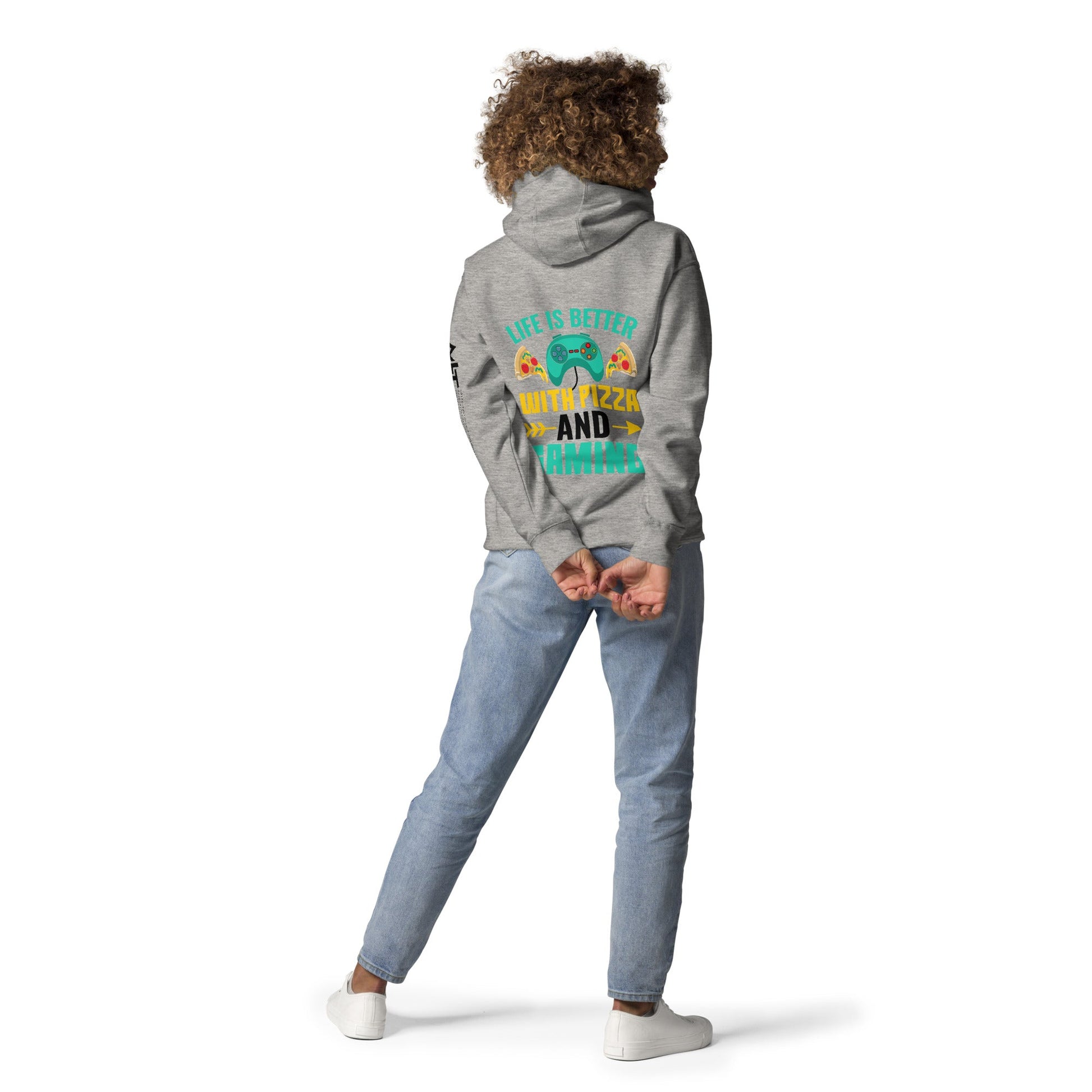 Life is Better With Pizza and Gaming Rima 14 in Dark Text - Unisex Hoodie ( Back Print ) by DarkByteGear