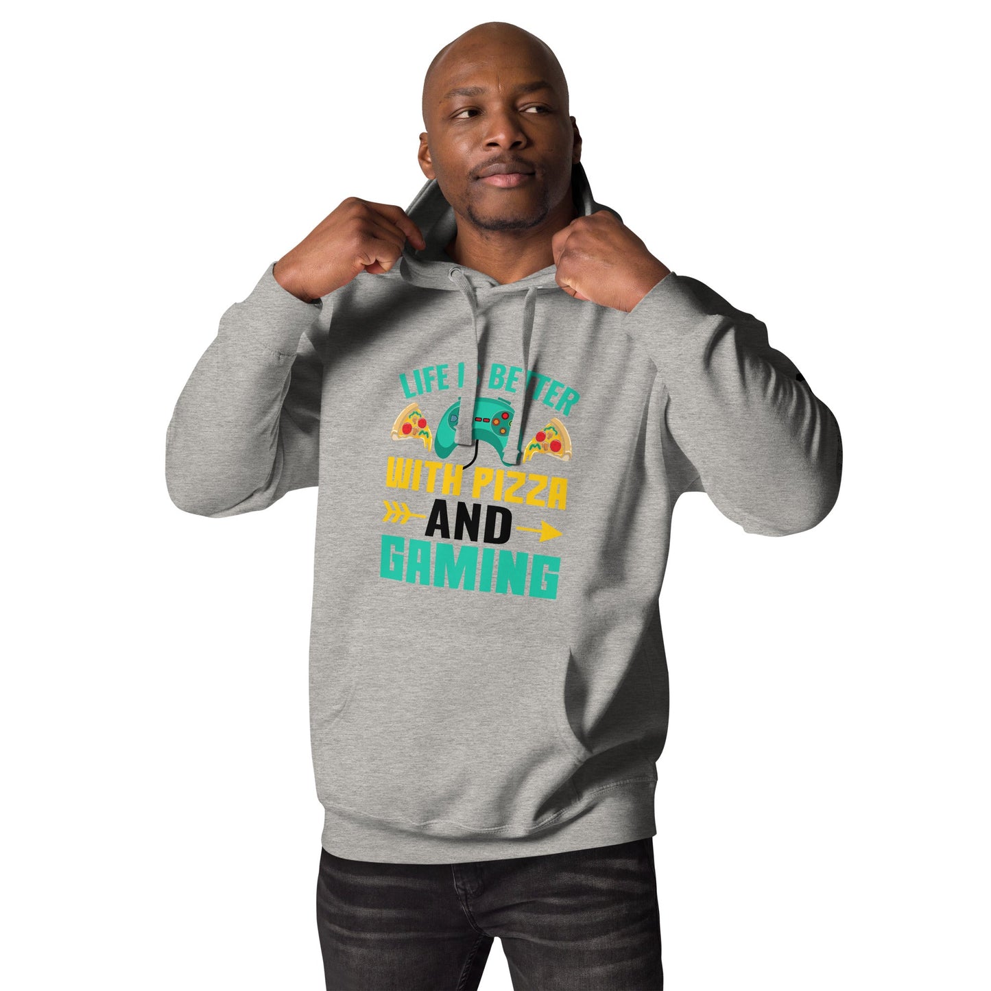 Life is Better With Pizza and Gaming Rima 14 in Dark Text - Unisex Hoodie by DarkByteGear