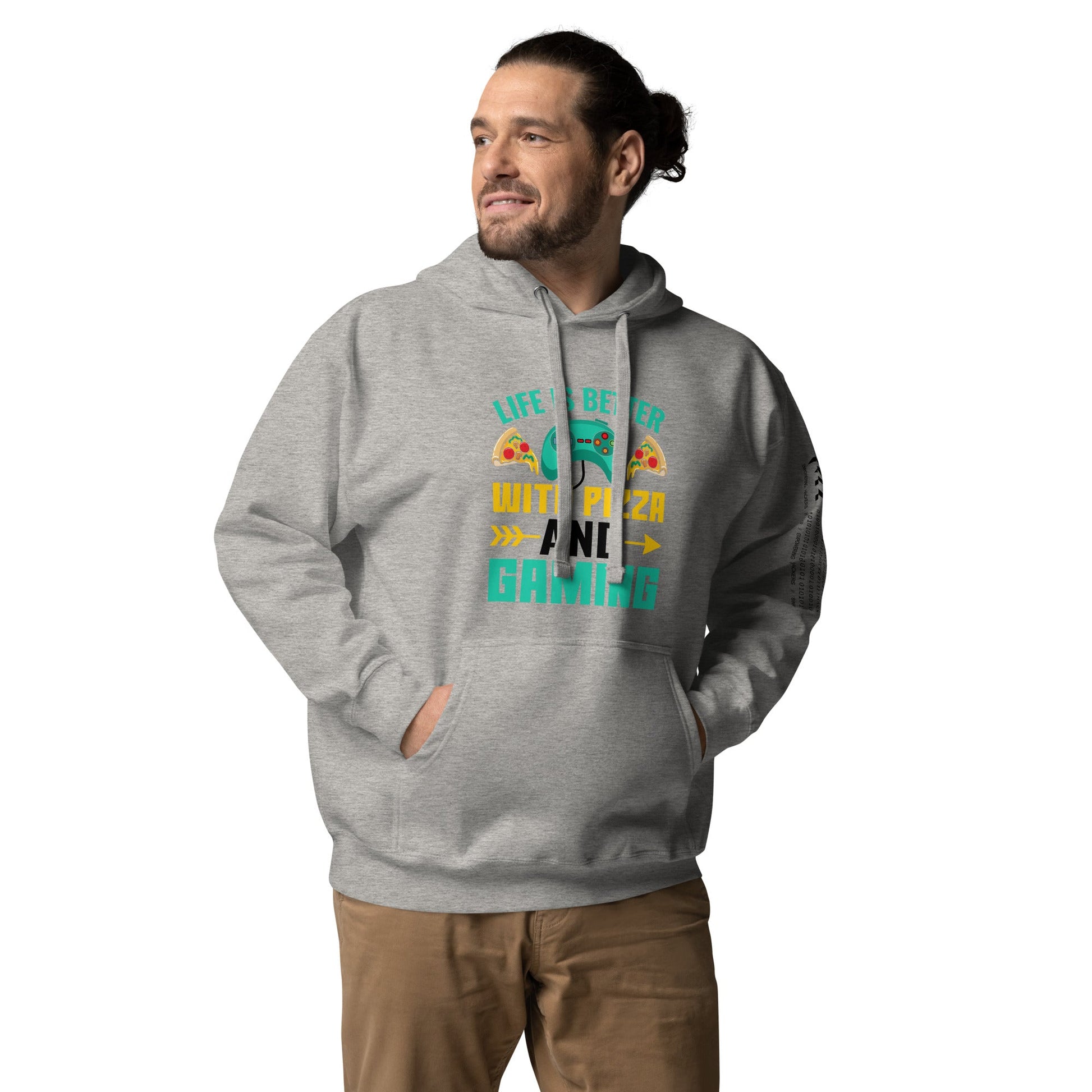 Life is Better With Pizza and Gaming Rima 14 in Dark Text - Unisex Hoodie by DarkByteGear