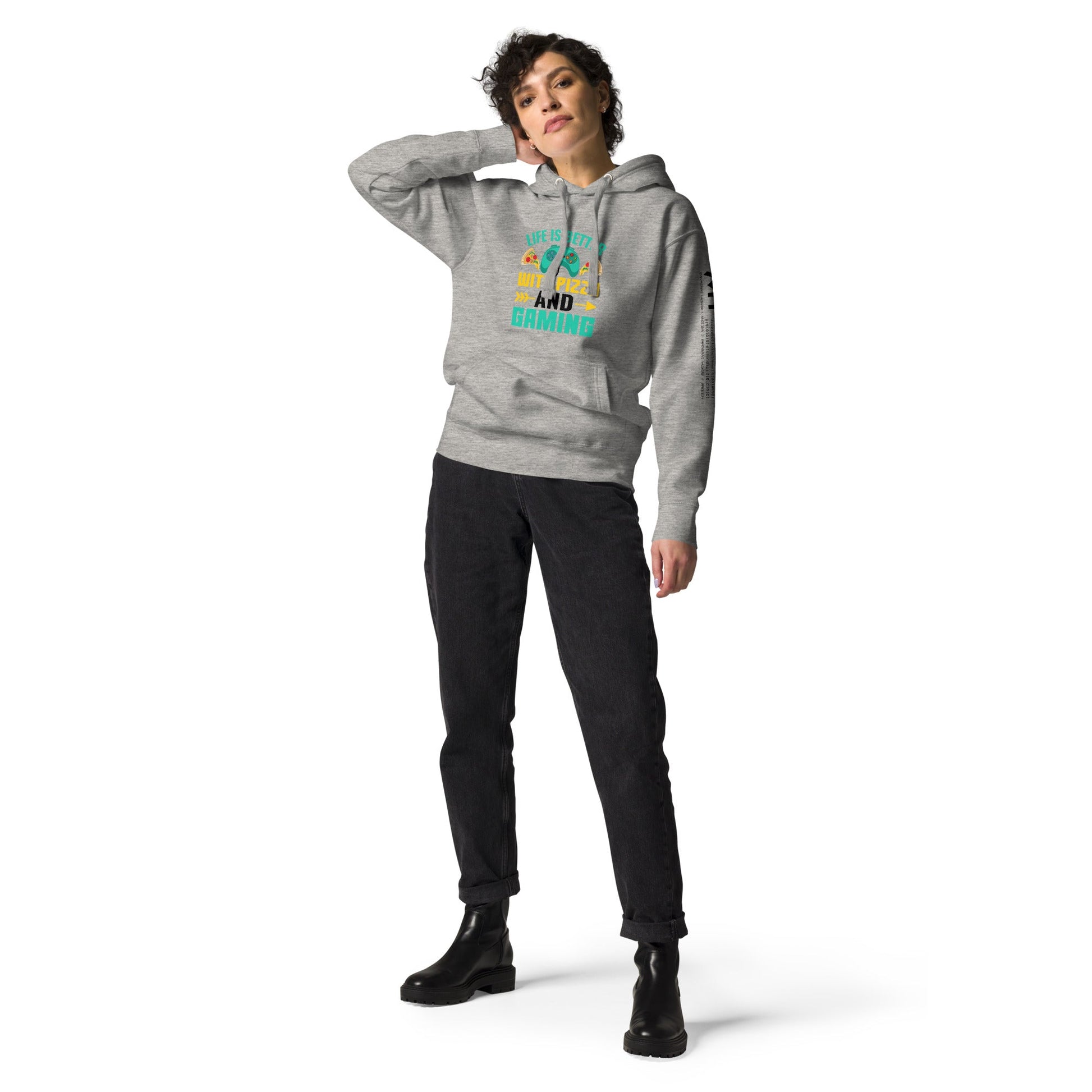 Life is Better With Pizza and Gaming Rima 14 in Dark Text - Unisex Hoodie by DarkByteGear