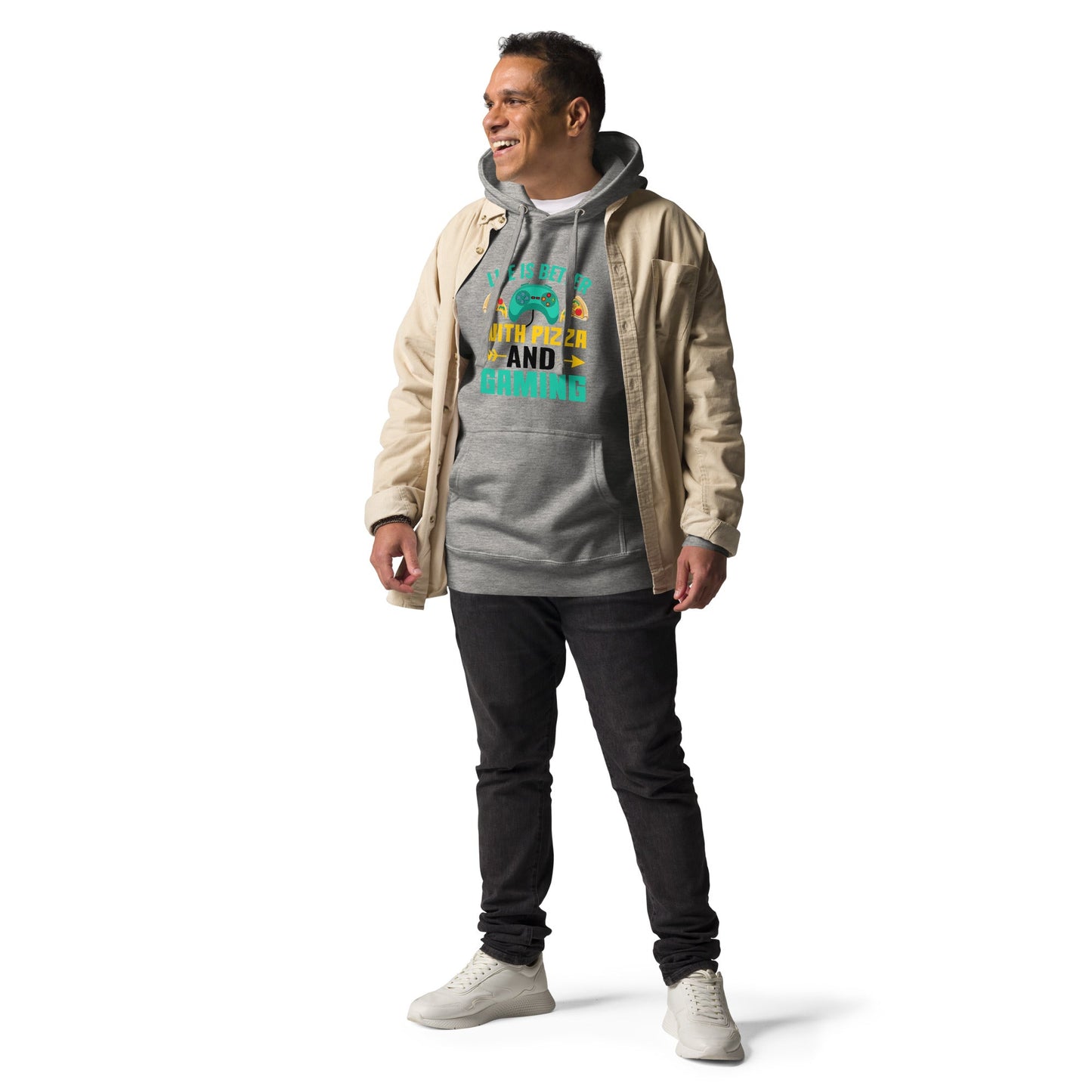 Life is Better With Pizza and Gaming Rima 14 in Dark Text - Unisex Hoodie by DarkByteGear