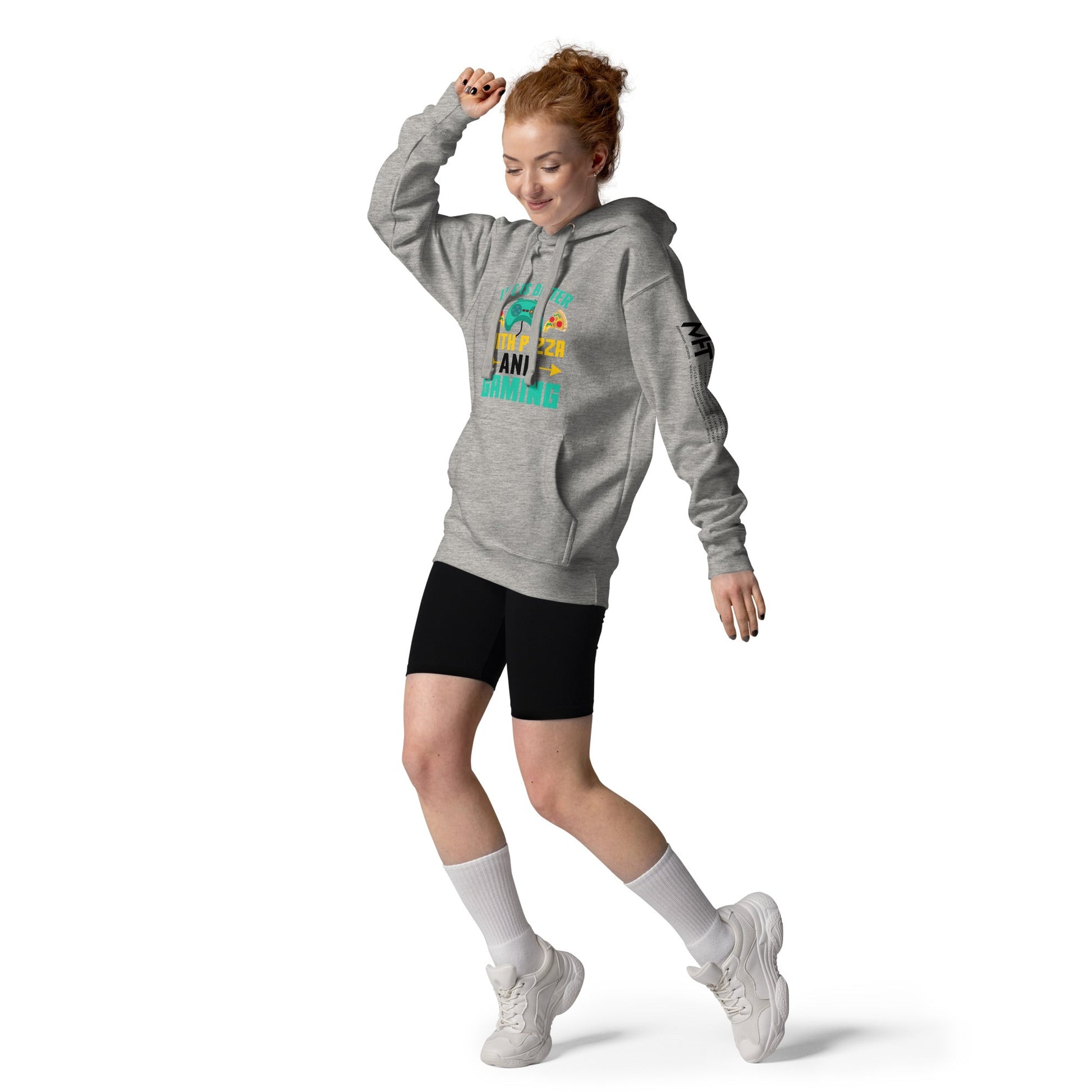 Life is Better With Pizza and Gaming Rima 14 in Dark Text - Unisex Hoodie by DarkByteGear