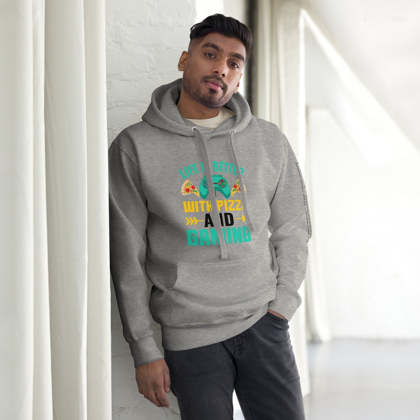 Life is Better With Pizza and Gaming Rima 14 in Dark Text - Unisex Hoodie by DarkByteGear