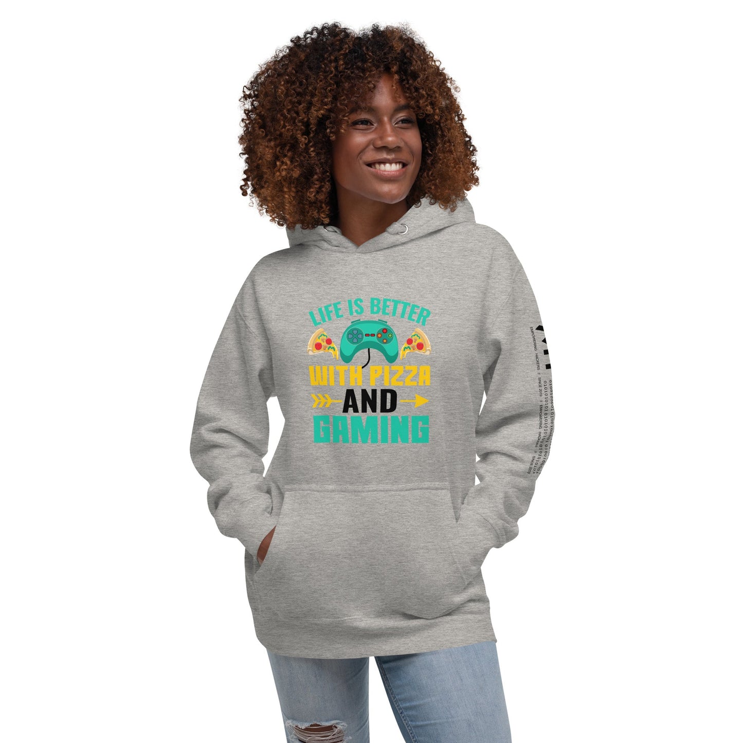 Life is Better With Pizza and Gaming Rima 14 in Dark Text - Unisex Hoodie by DarkByteGear
