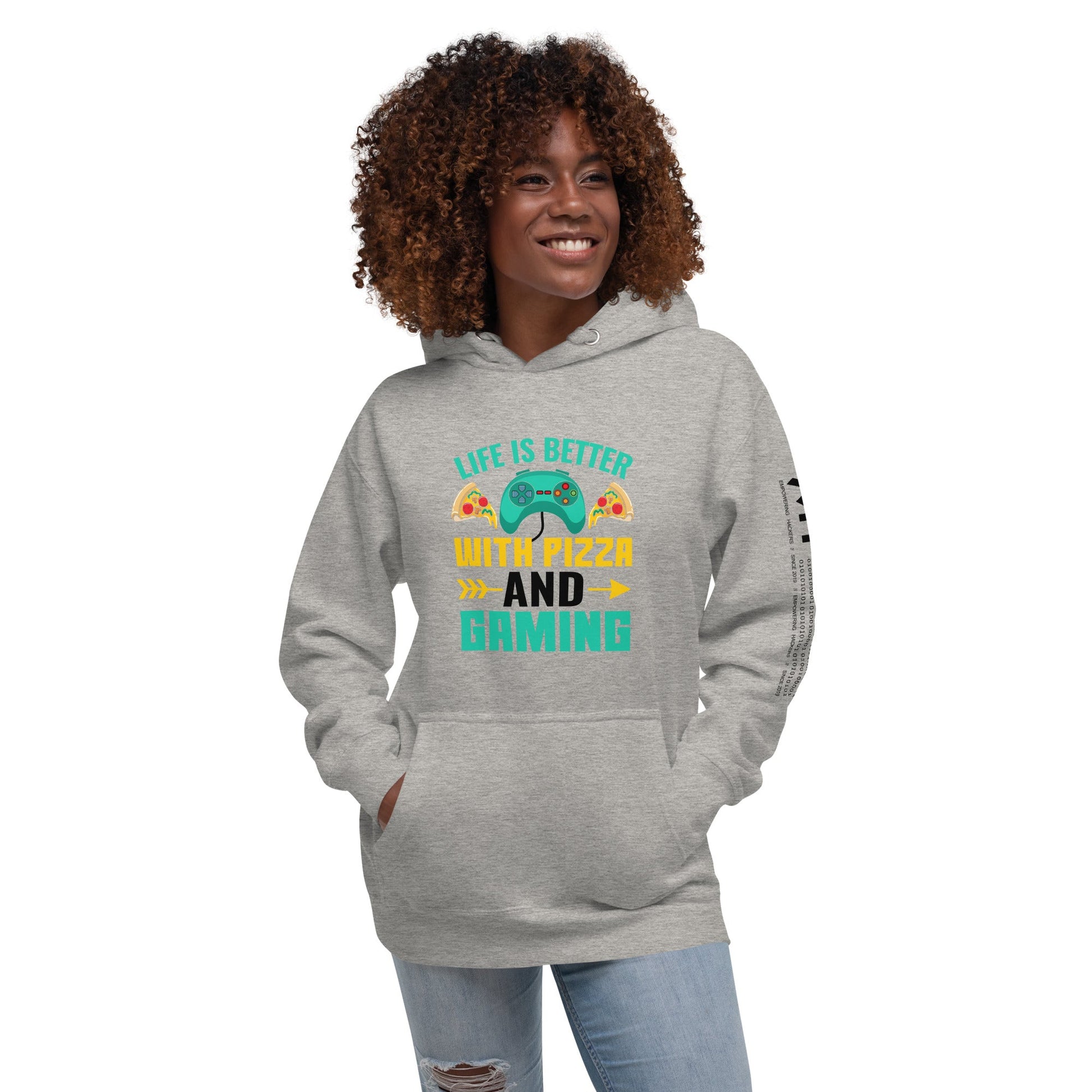 Life is Better With Pizza and Gaming Rima 14 in Dark Text - Unisex Hoodie by DarkByteGear