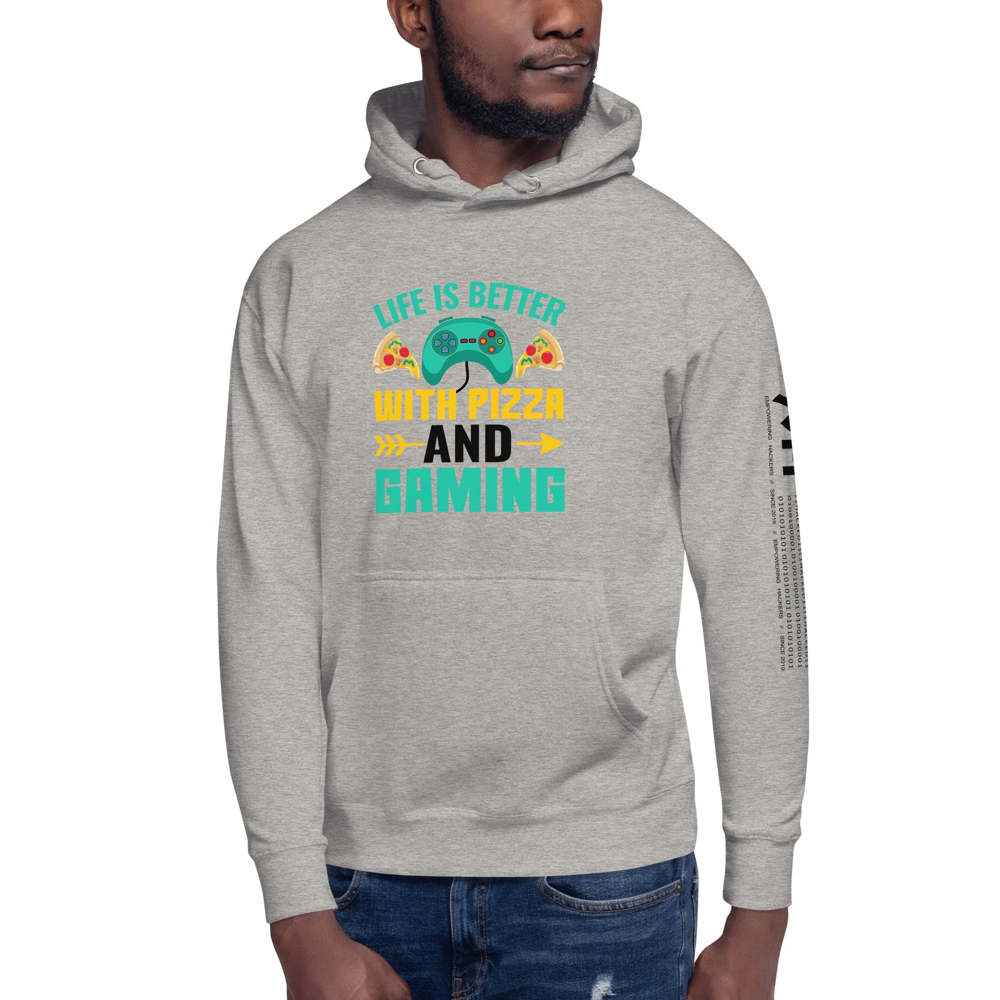 Life is Better With Pizza and Gaming Rima 14 in Dark Text - Unisex Hoodie by DarkByteGear