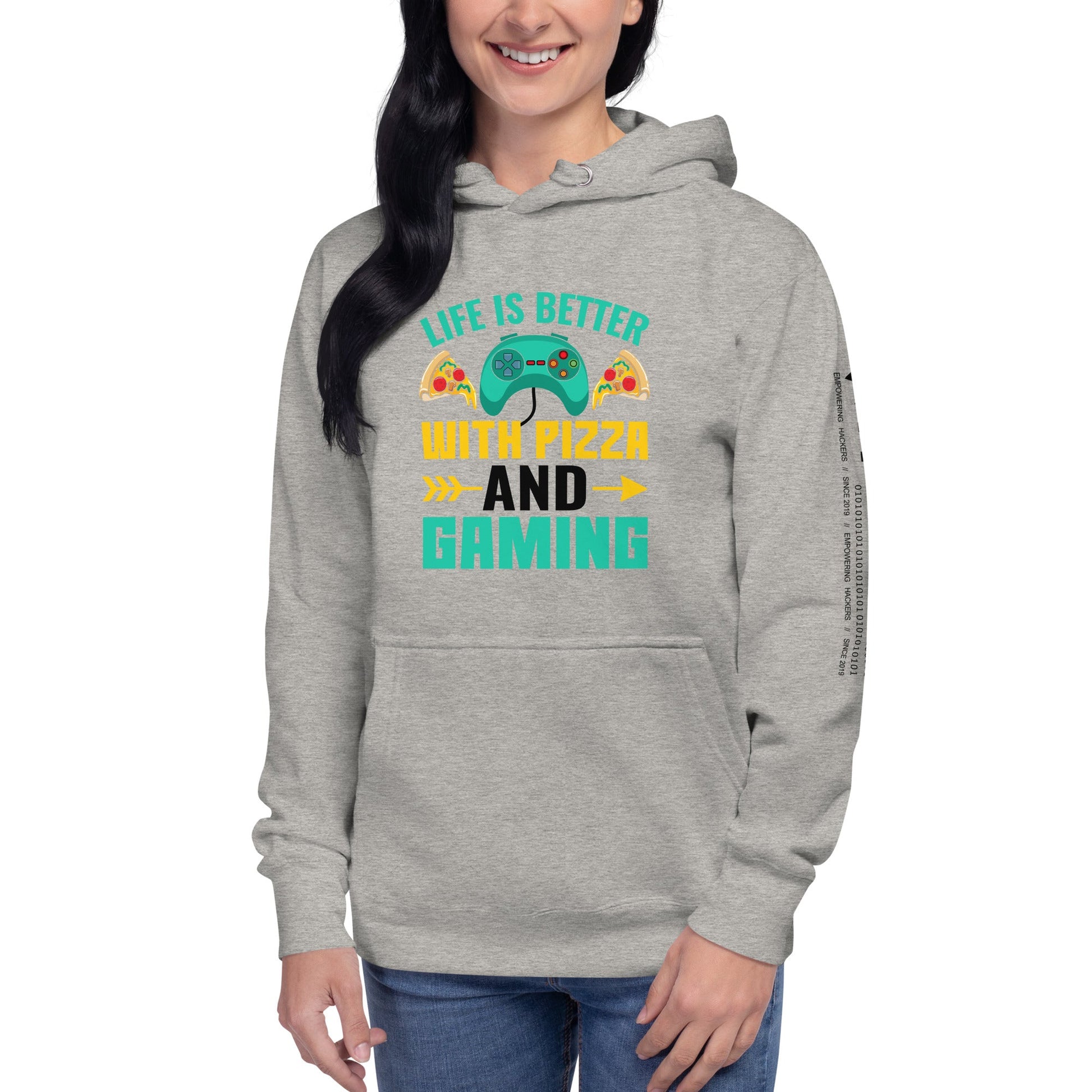 Life is Better With Pizza and Gaming Rima 14 in Dark Text - Unisex Hoodie by DarkByteGear