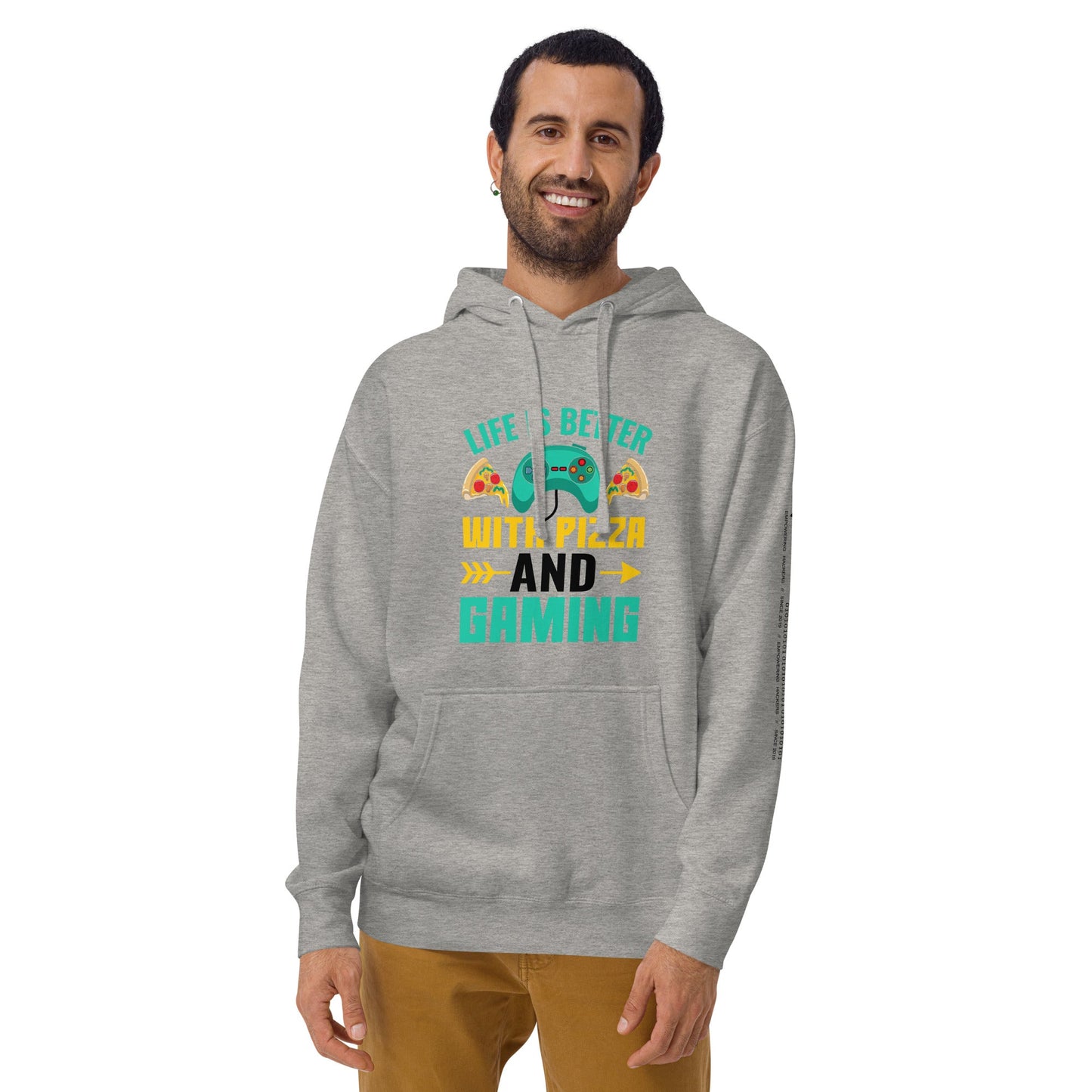 Life is Better With Pizza and Gaming Rima 14 in Dark Text - Unisex Hoodie by DarkByteGear