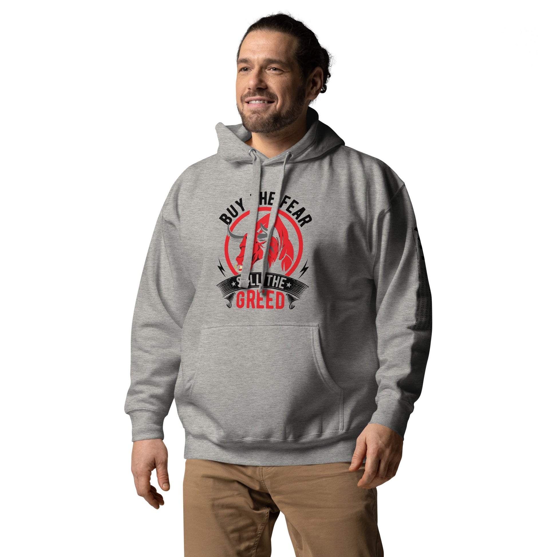 Buy the Fear; Sell the Greed in Dark Text - Unisex Hoodie by DarkByteGear