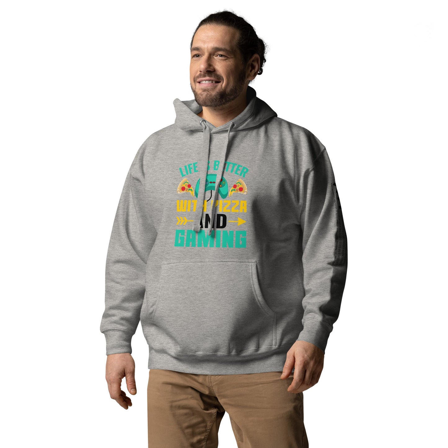 Life is Better With Pizza and Gaming Rima 14 in Dark Text - Unisex Hoodie by DarkByteGear