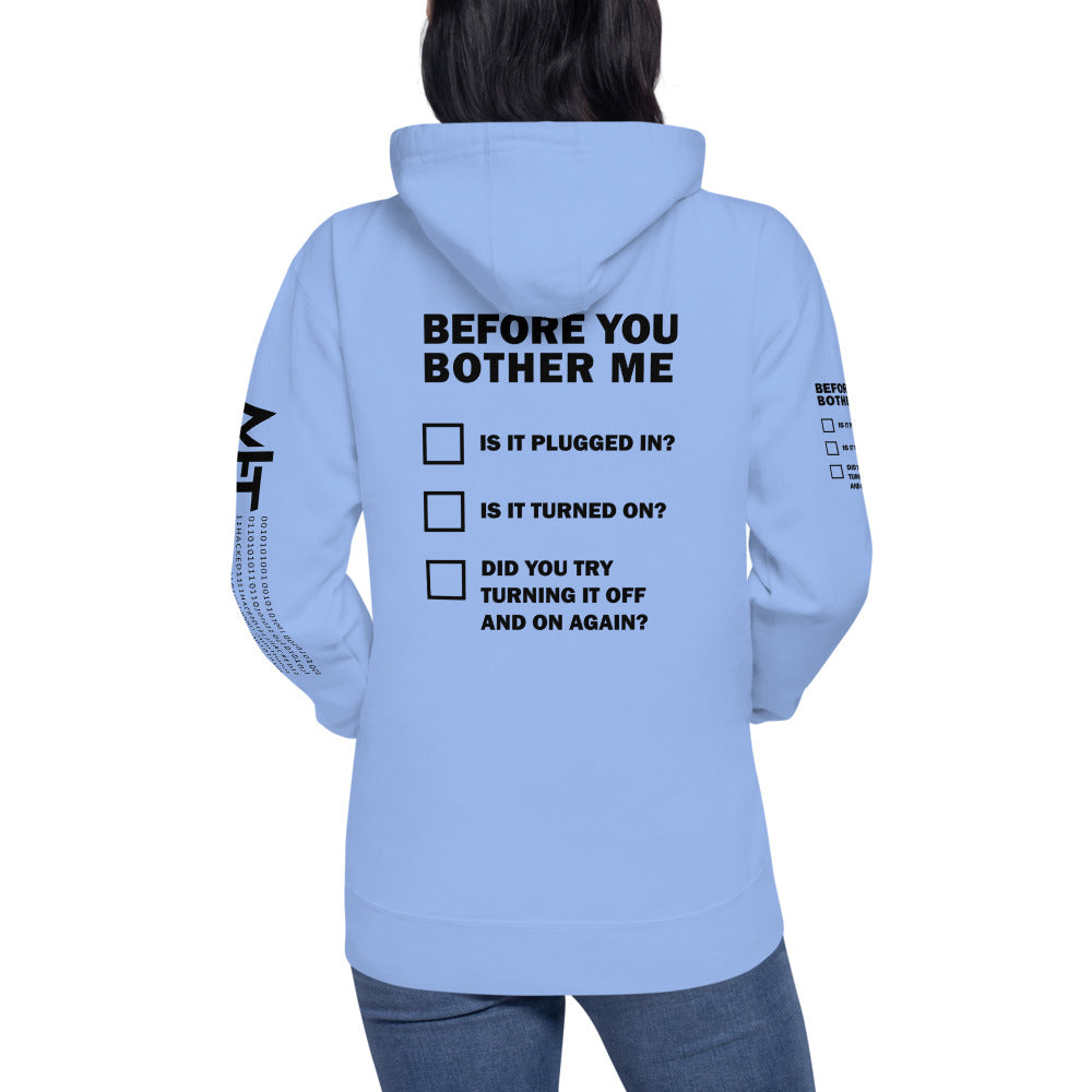 Before you bother me - Unisex Hoodie (back print) by DarkByteGear