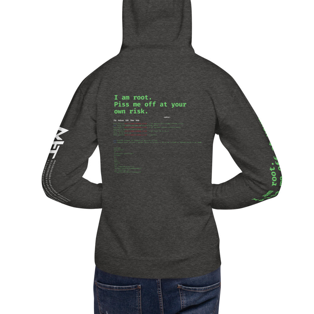 I am root. Piss me off at your own risk - Unisex Hoodie (back print) by DarkByteGear