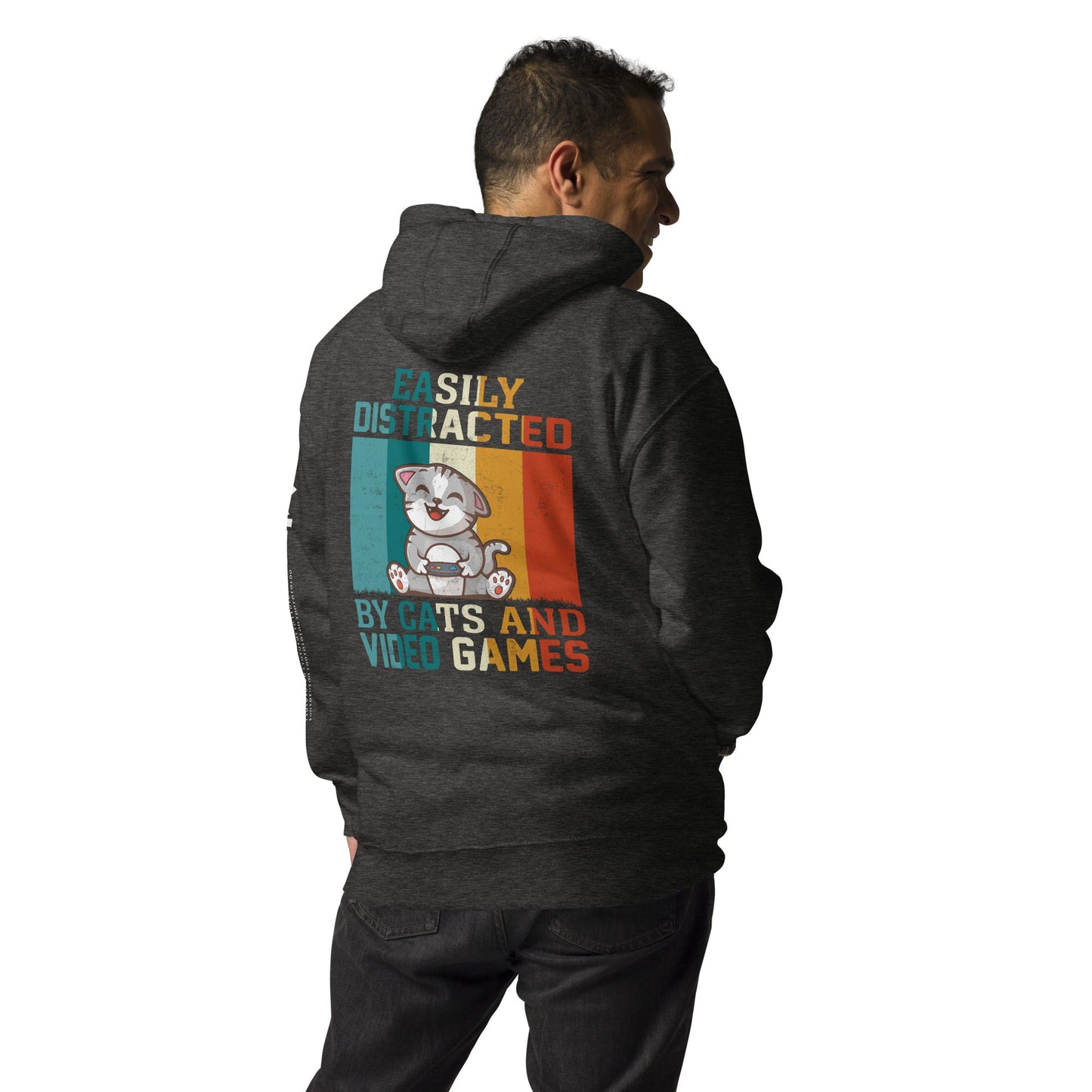 Easily Distracted by Cats and Video Games Unisex Hoodie ( Back Print ) by DarkByteGear