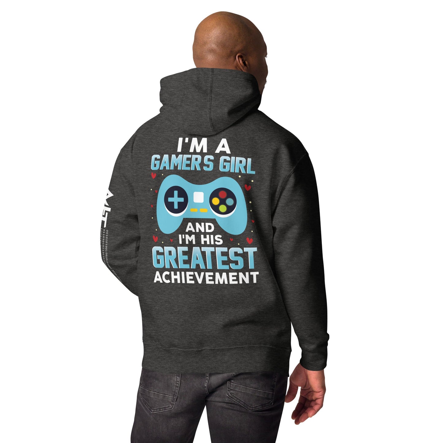 I am a Gamer's Girl, I am his Greatest Achievement (turquoise text ) - Unisex Hoodie ( Back Print ) by DarkByteGear