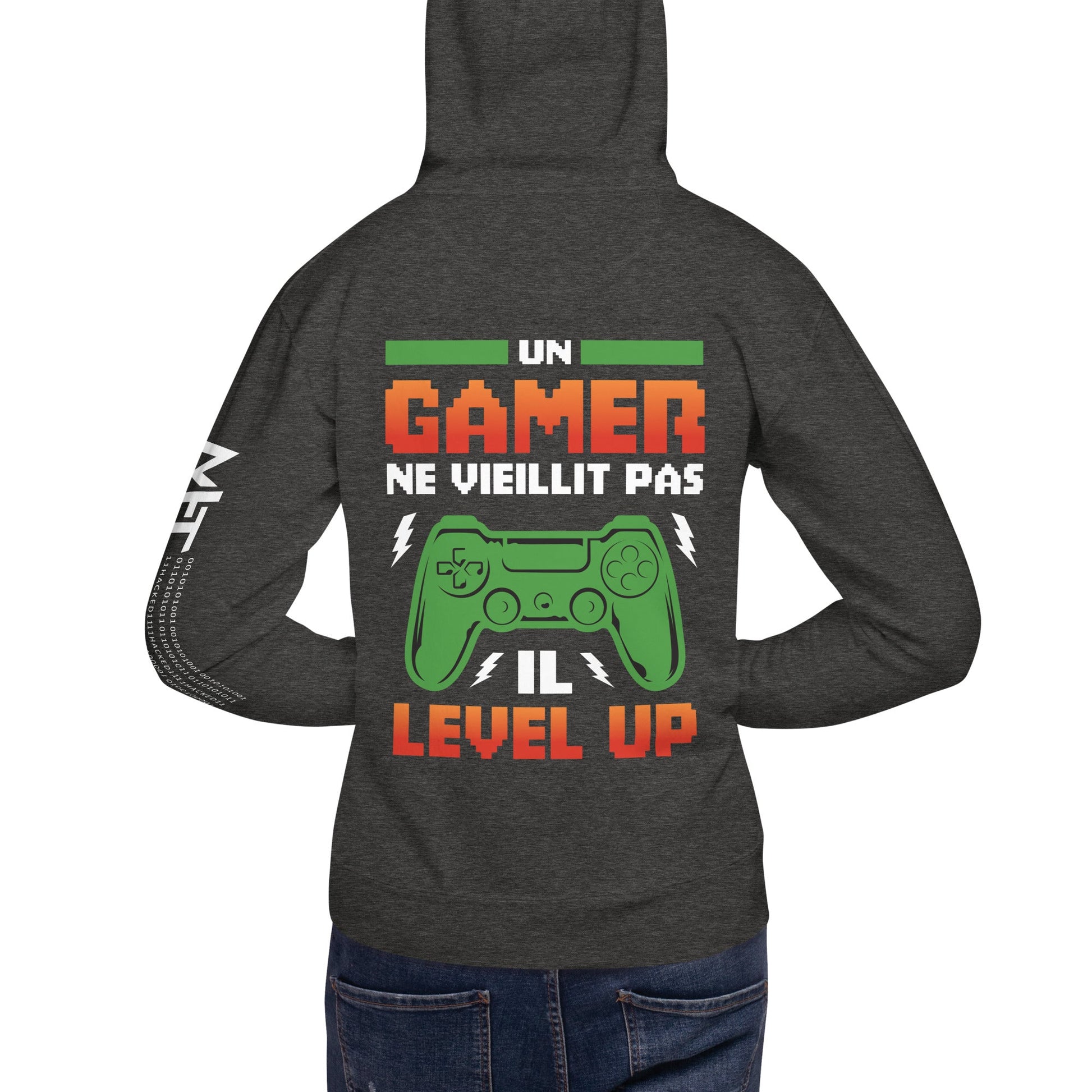 Un GAMER NE VIEILLIT PAS IL Level Up - Unisex Hoodie ( Back Print ) by DarkByteGear