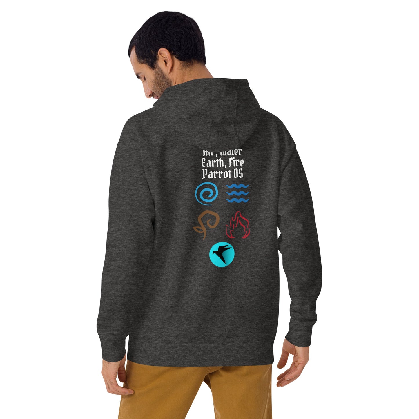 Air, Water, Earth, Fire, Parrot OS - Unisex Hoodie (back print) by DarkByteGear