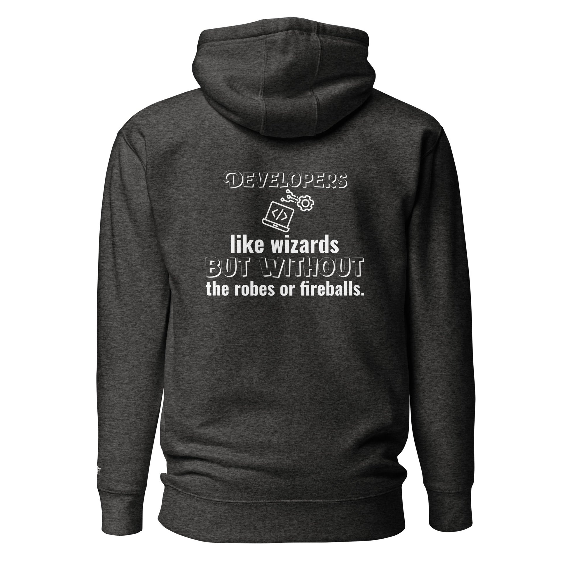 Developers: like wizards, but - Unisex Hoodie (back print) by DarkByteGear