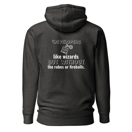 Developers: like wizards, but - Unisex Hoodie (back print) by DarkByteGear