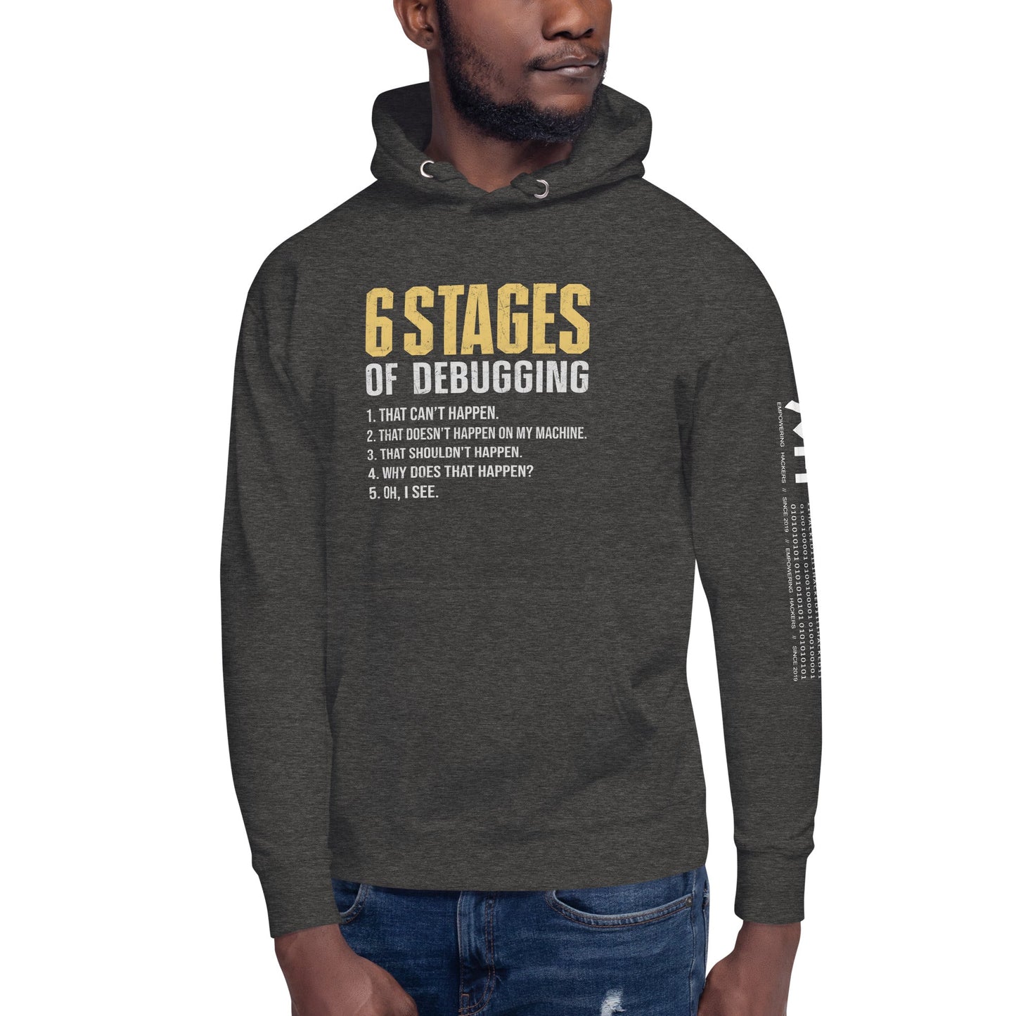 6 Stages of Debugging Yellow V Unisex Hoodie by DarkByteGear