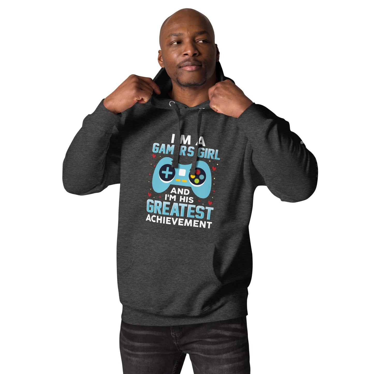 I am a Gamer's Girl, I am his Greatest Achievement (turquoise text ) - Unisex Hoodie by DarkByteGear