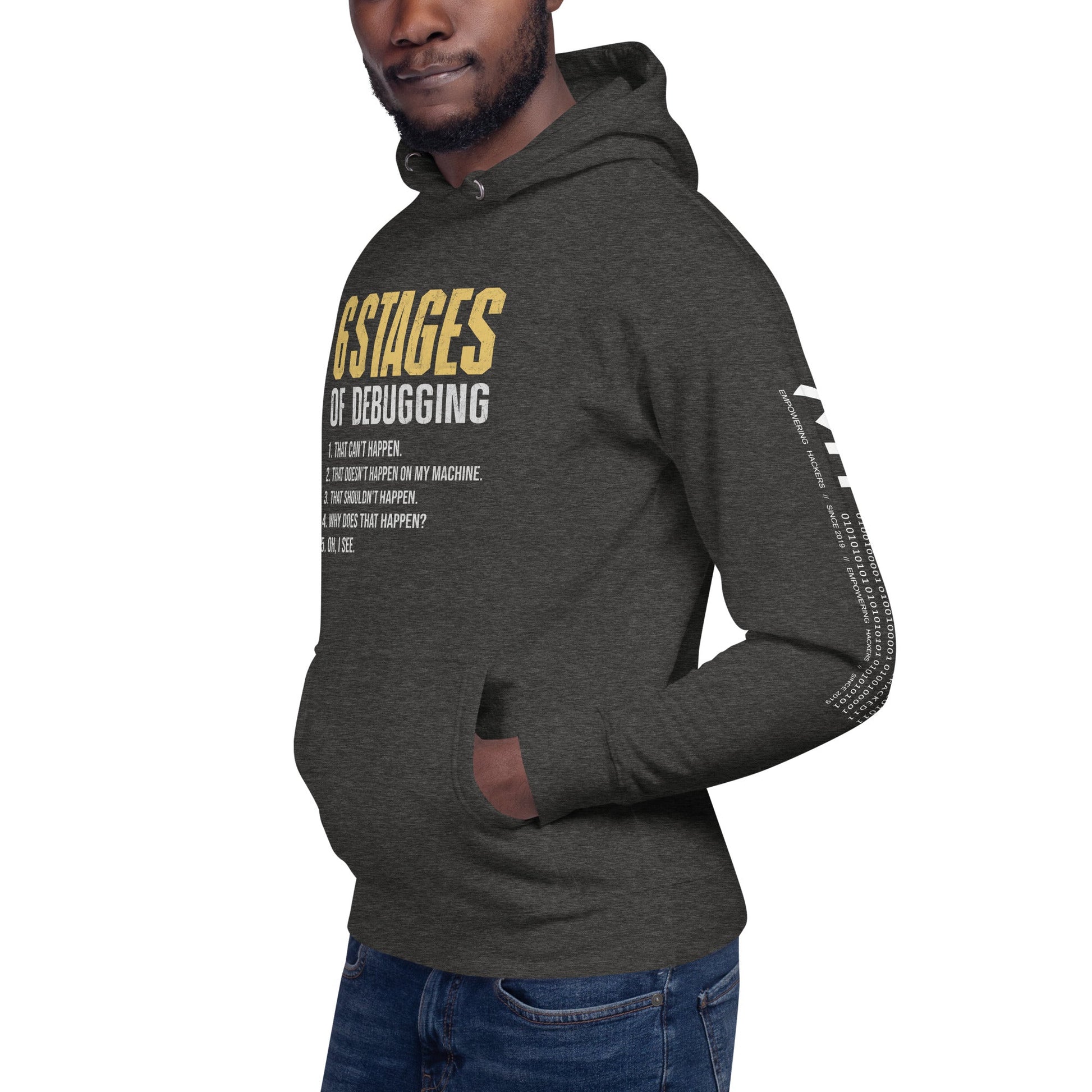 6 Stages of Debugging Yellow V Unisex Hoodie by DarkByteGear