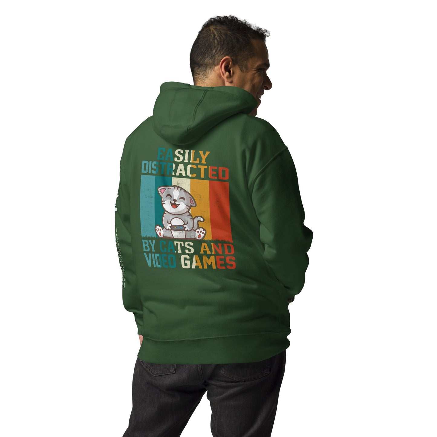 Easily Distracted by Cats and Video Games Unisex Hoodie ( Back Print ) by DarkByteGear